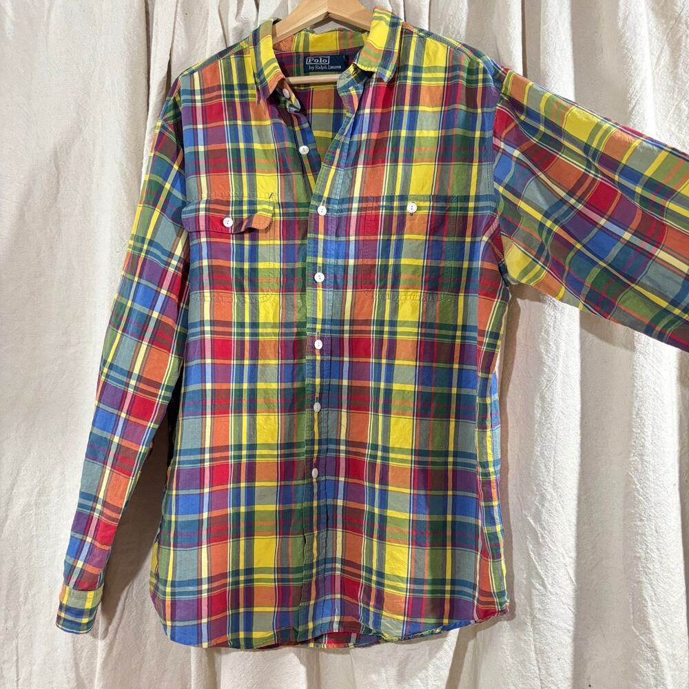 Polo Ralph Lauren Madras Preppy Plaid Linen Silk Button Down Shirt XL - Picture 2 of 5